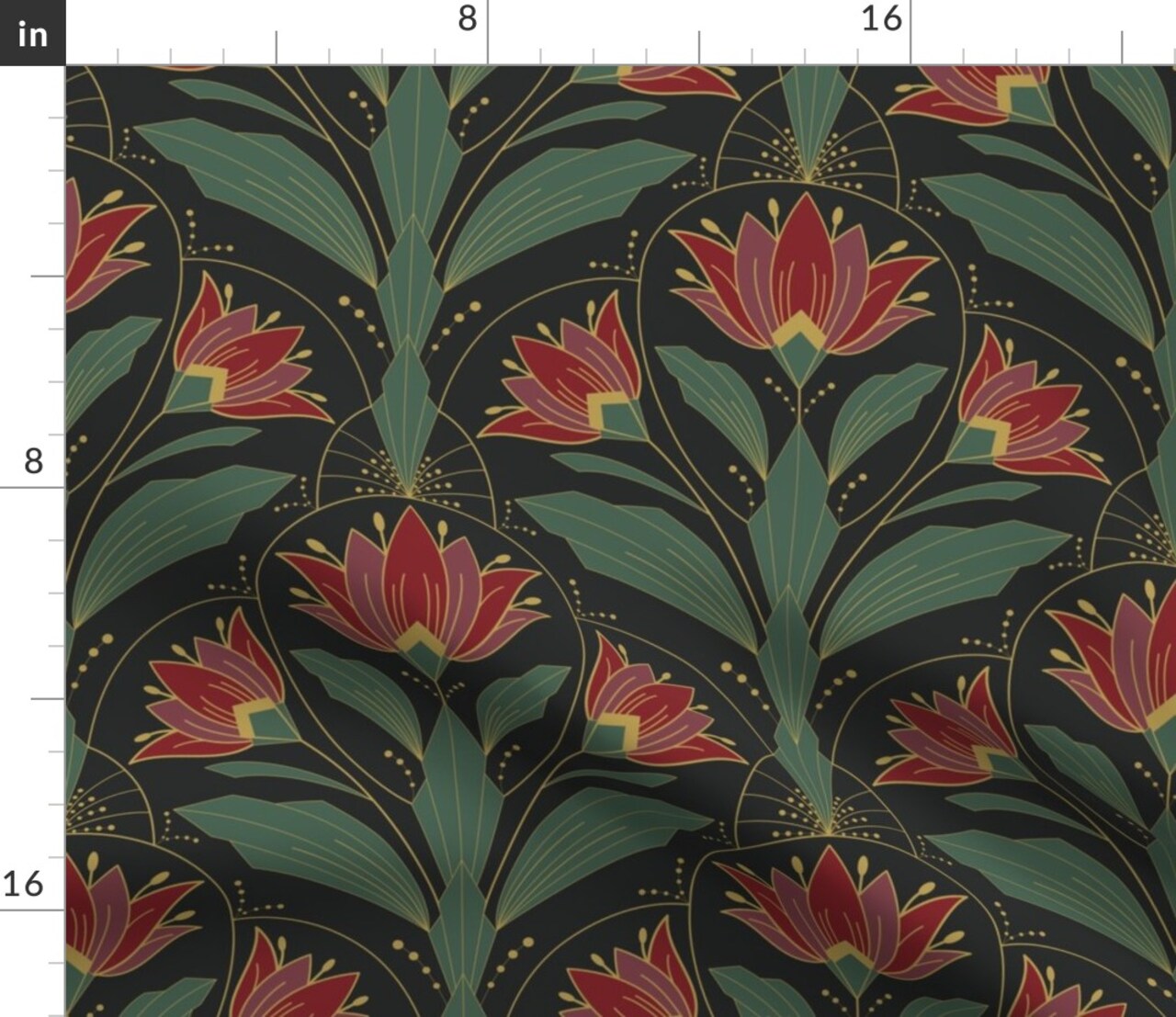 Art Deco Floral Red Green Botanical Bold Retro Flowers Traditional Elegant Custom Printed Fabric by Spoonflower Various Fabrics by the Yard or Fat Quarter